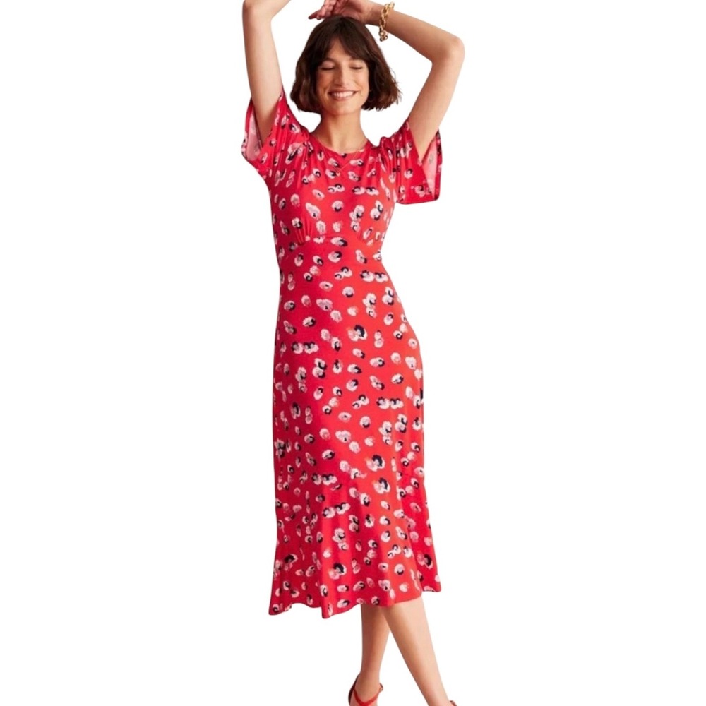Boden 16P Felicity Red Floral Flutter Sleeve Jersey Midi Tea Dress